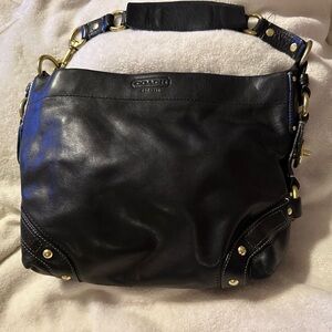 Coach Black Leather Hobo Bag with Gold Accents